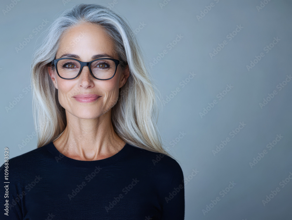 Graceful older woman with long gray hair and glasses smiling confidently Graceful older woman with long gray hair and glasses smiling confidently