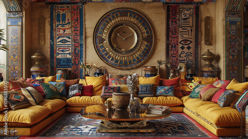 A vibrant Egyptian-themed living room featuring an oversized wall clock with hieroglyphic numerals, a golden coffee table, and a richly textured papyrus rug. photo