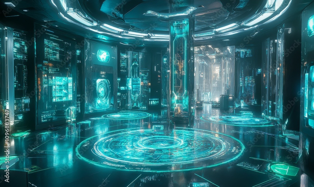 Obraz premium Futuristic server room, glowing cyan interfaces.