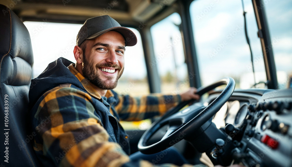 Obraz premium Happy professional truck driver driving his truck and looking at camera, truck man, young driver with truck,