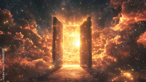 Radiant gates of heaven shining brightly with celestial fire and glowing light. photo