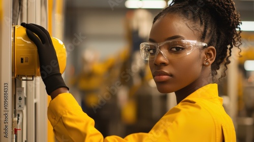 Fire alarm system concept. A worker in an industrial setting is calibrating a fire alarm bell, emphasizing safety and equipment maintenance.
