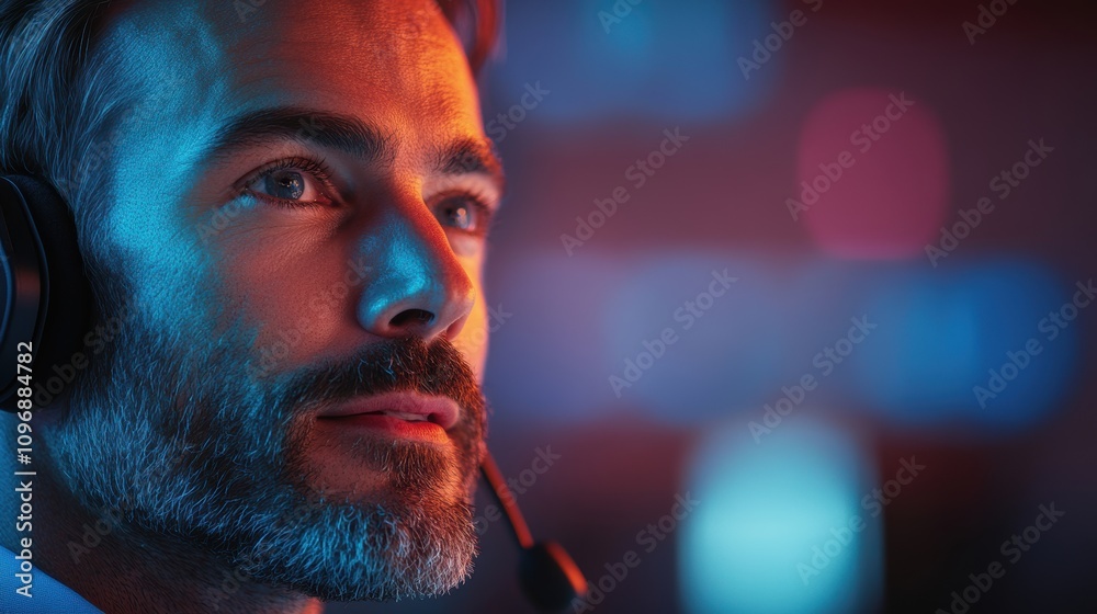 A focused man wearing a headset, engaged in a digital environment. A focused man wearing a headset, engaged in a digital environment.