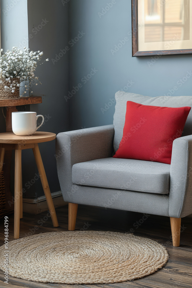 Cozy corner with a gray armchair and red pillow in a tranquil room setting Cozy corner with a gray armchair and red pillow in a tranquil room setting