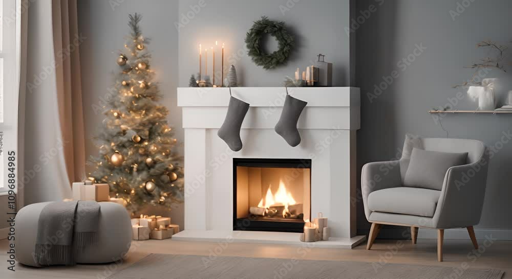 Minimalist Scandinavian Christmas decor with simple grey stockings hanging on a modern fireplace creating a cozy and serene holiday atmosphere Video made using 4K