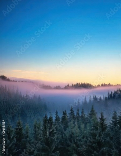 A foggy forest with pine trees in the foreground