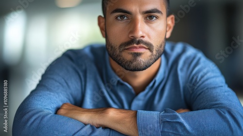 A focused man with a serious expression sitting in a modern environment.