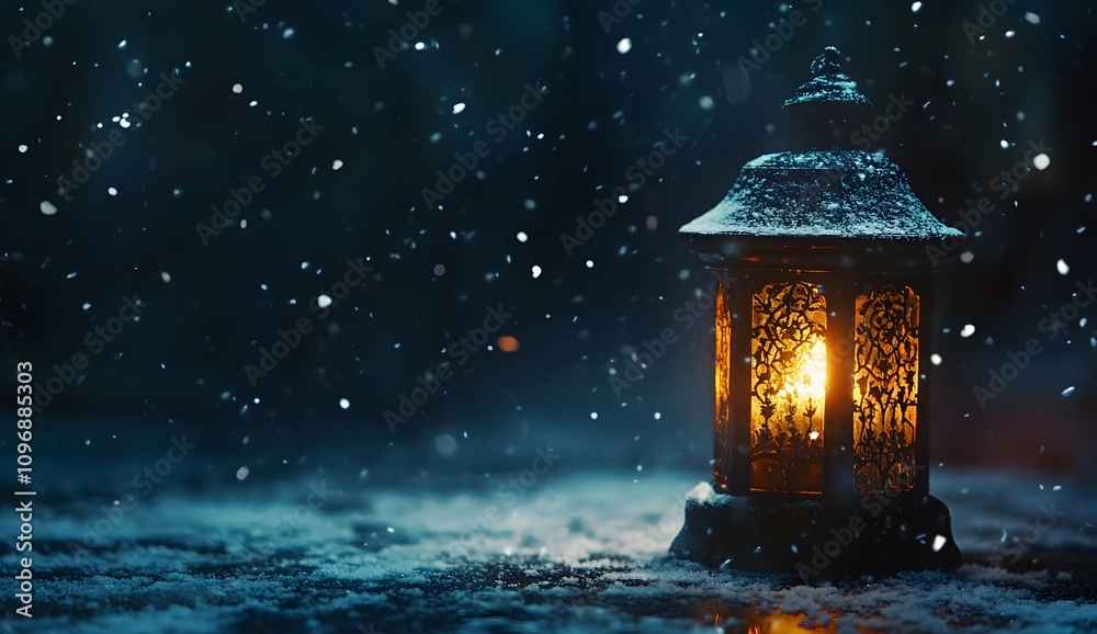 A glowing antique lantern on the ground, against a dark background, snow falling, a cold winter night, close-up, product photography, A glowing antique lantern on the ground, against a dark background, snow falling, a cold winter night, close-up, product photography,