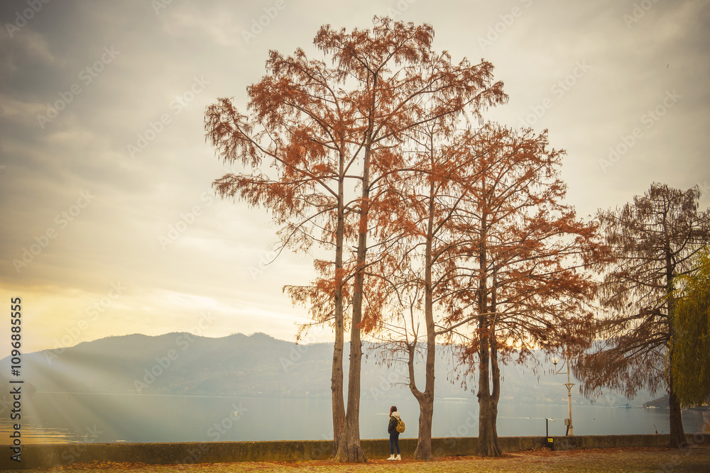 Obraz premium A girl with a backpack admires the scenery by the water. The girl traveling alone stands among the trees with red leaves and watches the sunset.