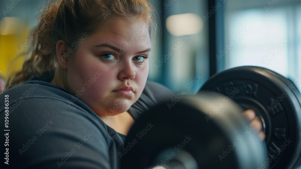 Very fat young woman at her first workout in the gym Very fat young woman at her first workout in the gym