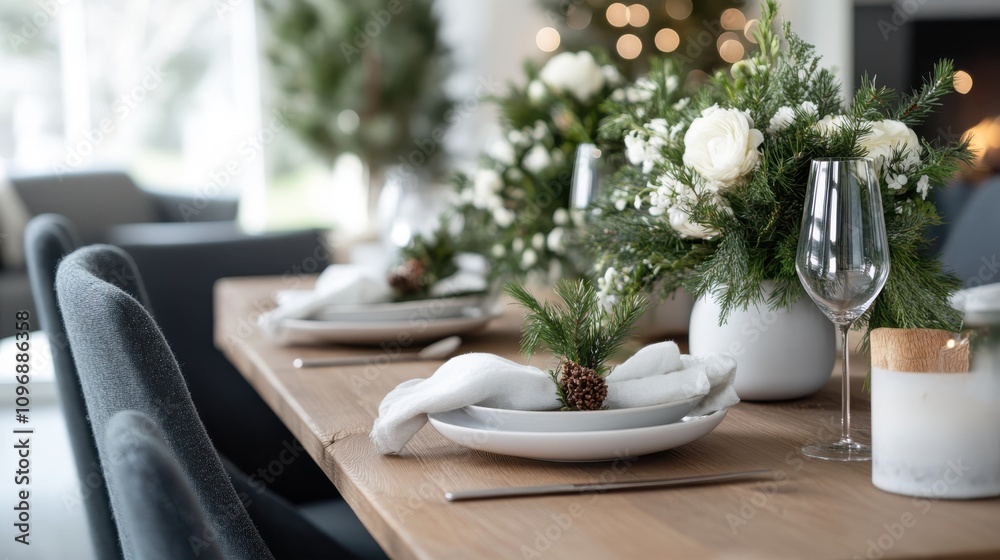 A sophisticated dining table set with white roses and evergreen branches in vases, complemented by white plates and wine glasses, exuding a serene and refined atmosphere. A sophisticated dining table set with white roses and evergreen branches in vases, complemented by white plates and wine glasses, exuding a serene and refined atmosphere.