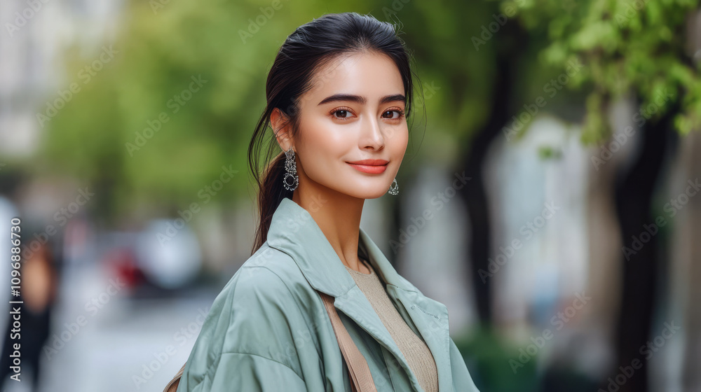 Confident young woman walking through a vibrant city street on a sunny day Confident young woman walking through a vibrant city street on a sunny day