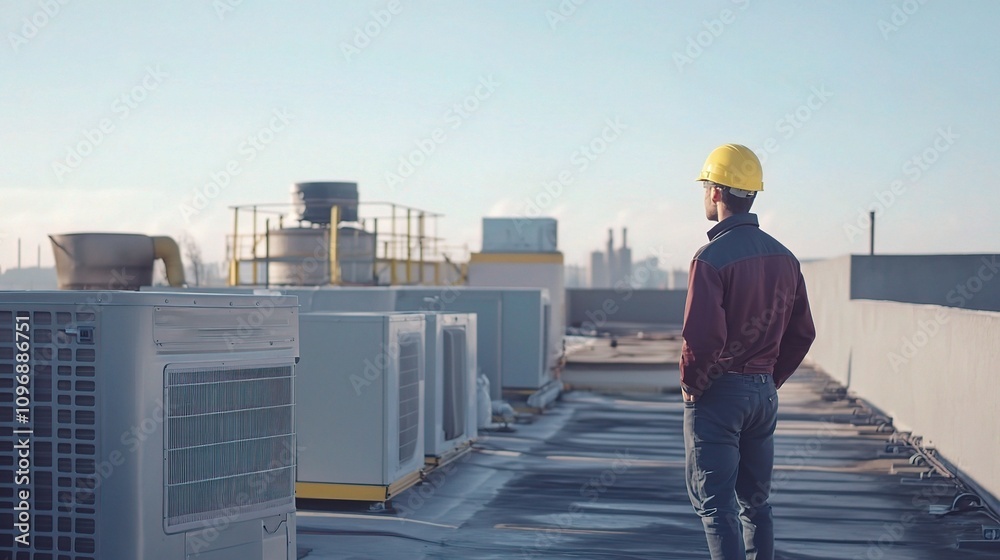 Engineer Inspecting Air Conditioning Units on Rooftop Engineer Inspecting Air Conditioning Units on Rooftop