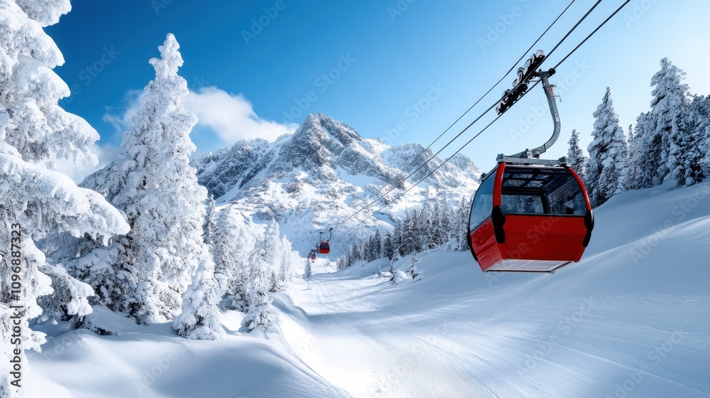 Red cable cars traverse a snow-covered mountainous landscape, surrounded by snow-draped trees under a clear sky, hinting at thrilling winter recreation. Red cable cars traverse a snow-covered mountainous landscape, surrounded by snow-draped trees under a clear sky, hinting at thrilling winter recreation.