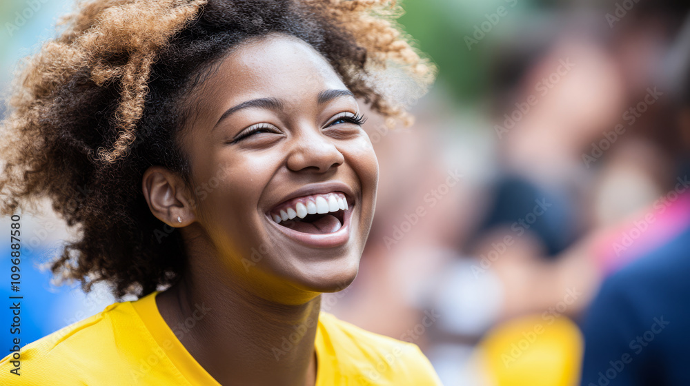 Joyful young woman laughing in a vibrant outdoor gathering during a sunny day Joyful young woman laughing in a vibrant outdoor gathering during a sunny day