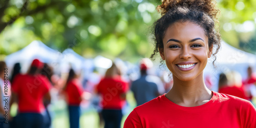 Smiling volunteer in red shirt engaging with community event during sunny afternoon