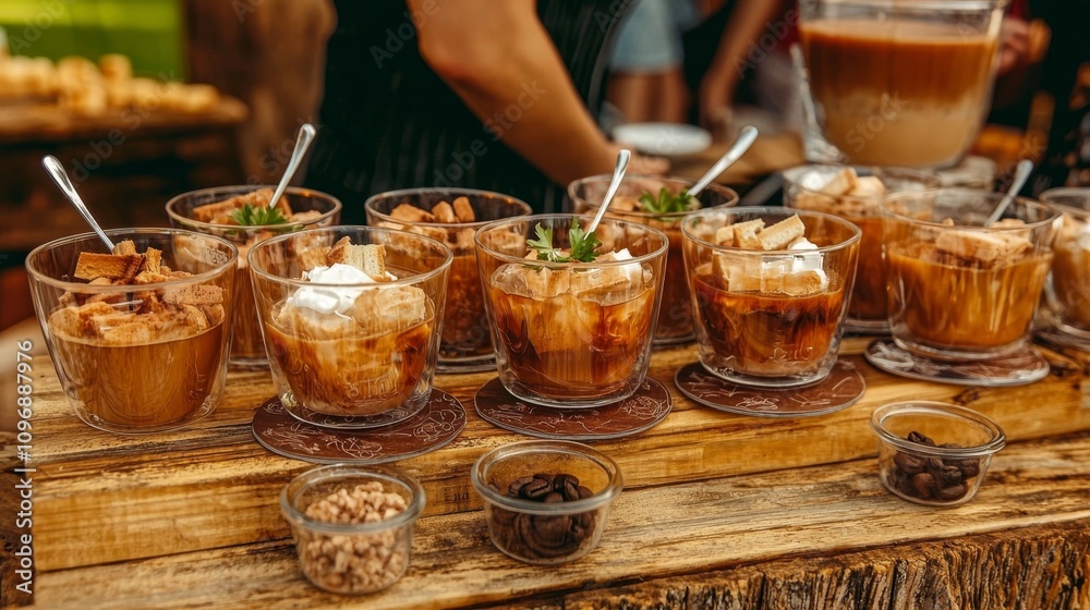 Naklejka premium Refreshing Coffee Desserts on Wooden Table