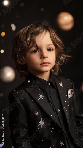 Cosmic Kid: Portrait of a stylish young boy in a celestial-themed suit, set against a backdrop of shimmering lights and blurred planets.  A captivating image evoking wonder and dreams. 