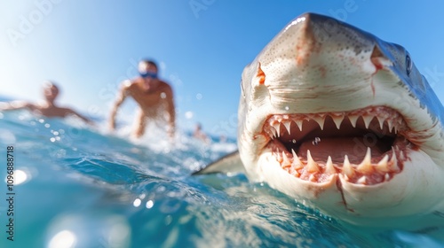 A dramatic close-up of a shark's open mouth as swimmers are seen in the background, depicting the contrast between danger and adventure in the aquatic world. photo