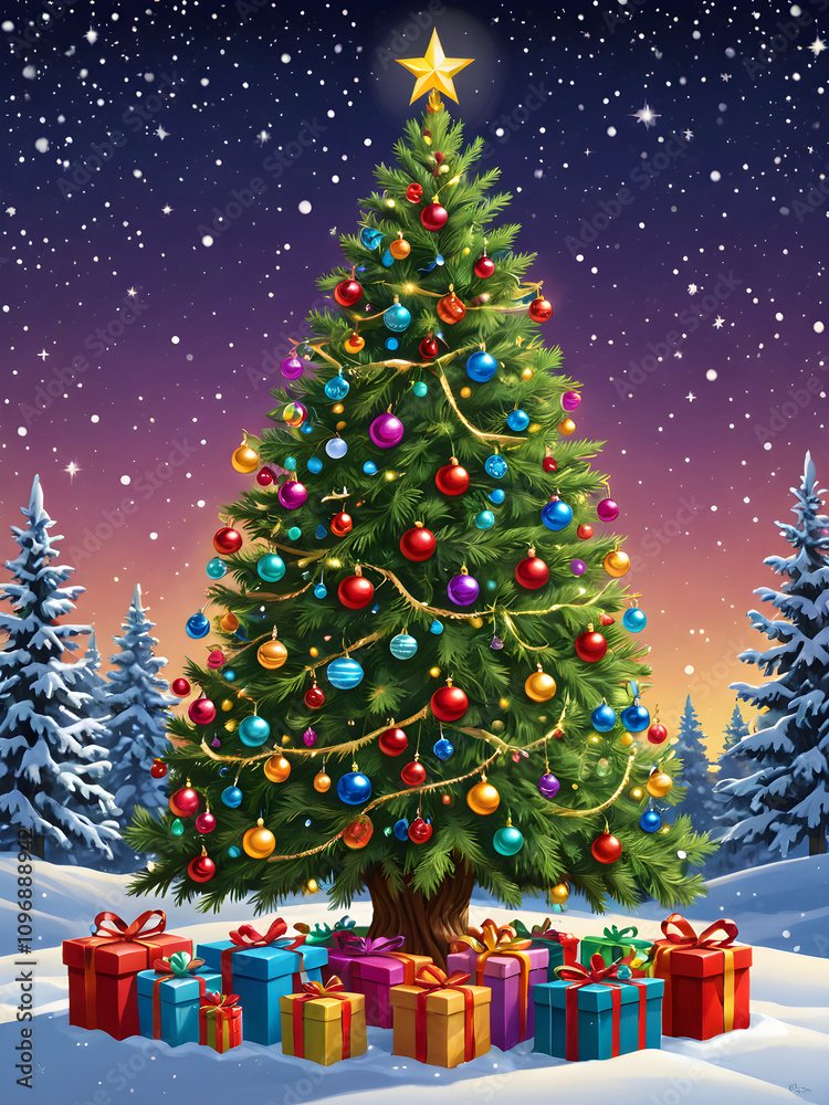 Obraz premium Magical Christmas Tree and gifts. Sparkles with Vibrant Lights and Ornaments on a Snowy night. Beautiful X-mas Background. Generative AI