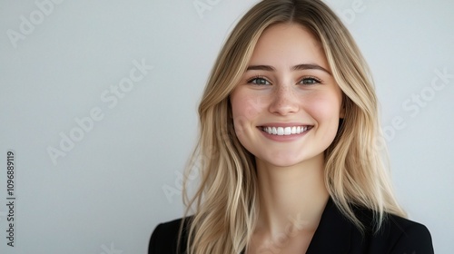 Bright Portrait of a Smiling Blonde Woman Against a Neutral Background