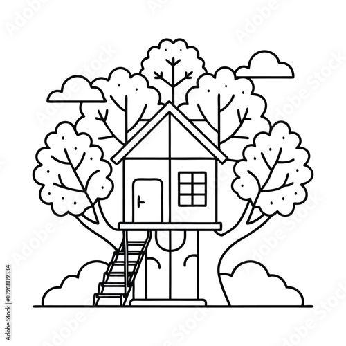 cute mini tree house black outline kids coloring page