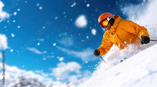 A skier, full of excitement, descends a snowy slope with brisk precision, evoking a sense of adventure, freedom and the pure joy of snow sports under a blue sky.