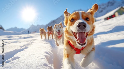 A cheerful pack of dogs dashes joyously through a sunlit snow-covered field, their exuberance and zest for life radiating against the clear blue sky above. photo