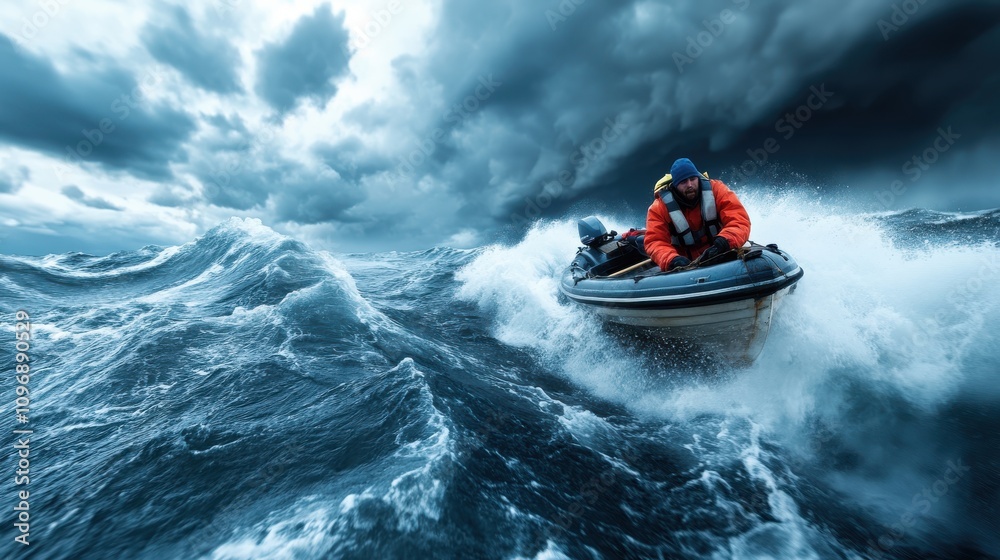 Fototapeta premium A solitary man dressed in orange gear navigates stormy seas in an inflatable boat, showcasing courage and determination amidst foreboding skies and swirling waves.