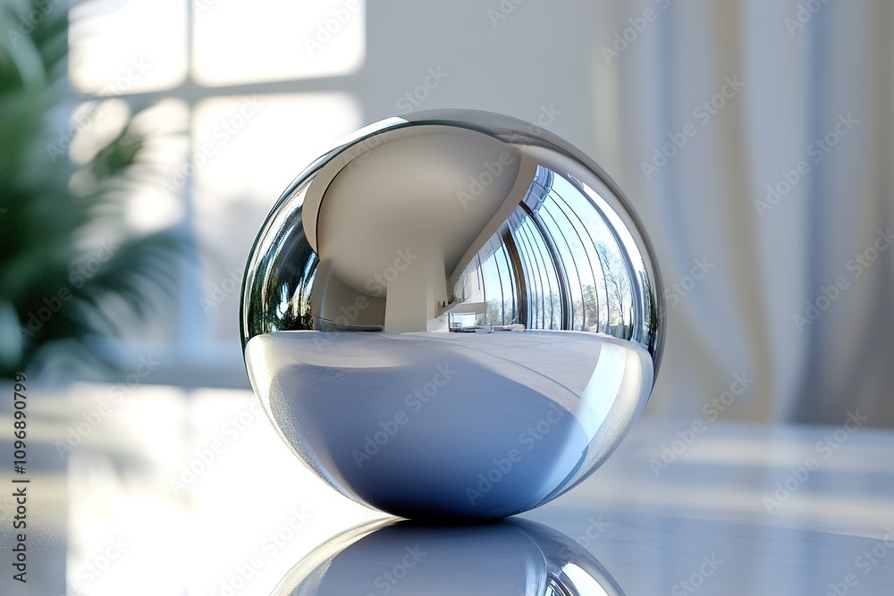Shiny sphere reflecting modern interior with space Shiny sphere reflecting modern interior with space