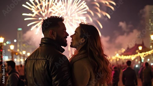 Romantic Couple Kissing with Fireworks Display in City Background at Night