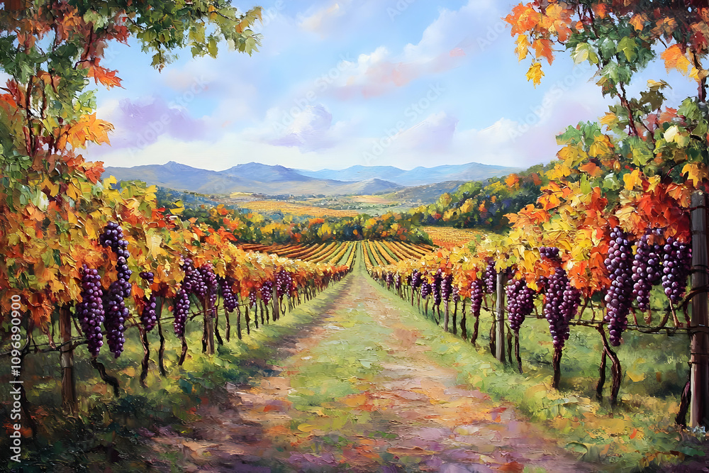 Fototapeta premium A vibrant vineyard scene with purple grapes and autumn foliage under a blue sky.