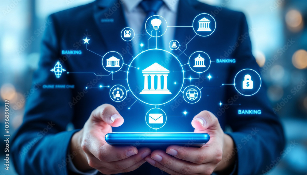 The concept of using digital technology for online banking. Businessman is holding a phone with icons of online banking technology. Customer withdraw money, Internet, bank account, shopping, payment, The concept of using digital technology for online banking. Businessman is holding a phone with icons of online banking technology. Customer withdraw money, Internet, bank account, shopping, payment,