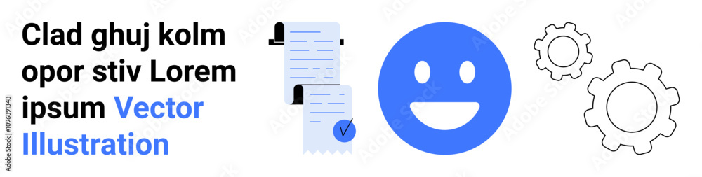 Fototapeta premium Blue happy face, documents with checkmark, two gears, black and blue text. Ideal for business presentations, tech services, workflow management, user feedback, planning, streamlining processes