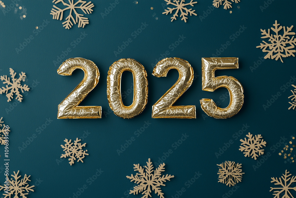 Gold inflatable inflatable digits “2025” on a blue background with snowflakes. New Year 2025. Gold inflatable inflatable digits “2025” on a blue background with snowflakes. New Year 2025.