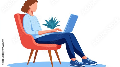 Modern Workspace Illustration of Person Working on Laptop While Sitting in Comfortable Chair Surrounded by a Green Plant in a Minimalist Design Setting