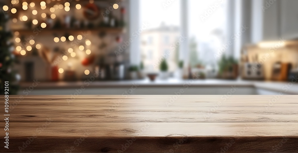 Empty wooden table top with a blurred background of a Christmas kitchen interior decorated for the New Year and bokeh lights, a product display template. Empty wooden table top with a blurred background of a Christmas kitchen interior decorated for the New Year and bokeh lights, a product display template.
