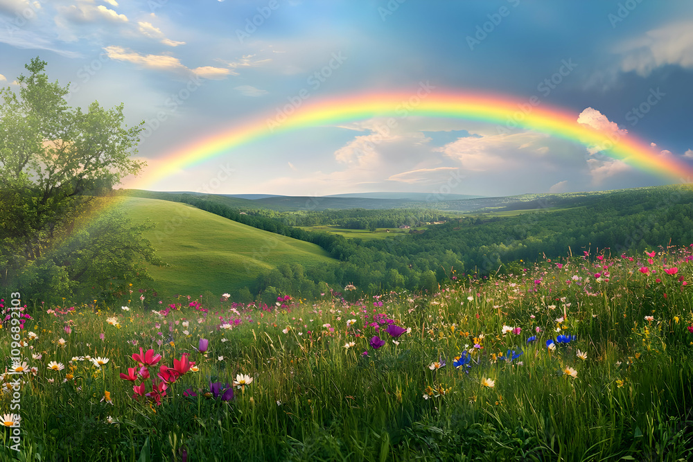 Naklejka premium A vibrant landscape featuring a rainbow over lush green hills and colorful wildflowers.