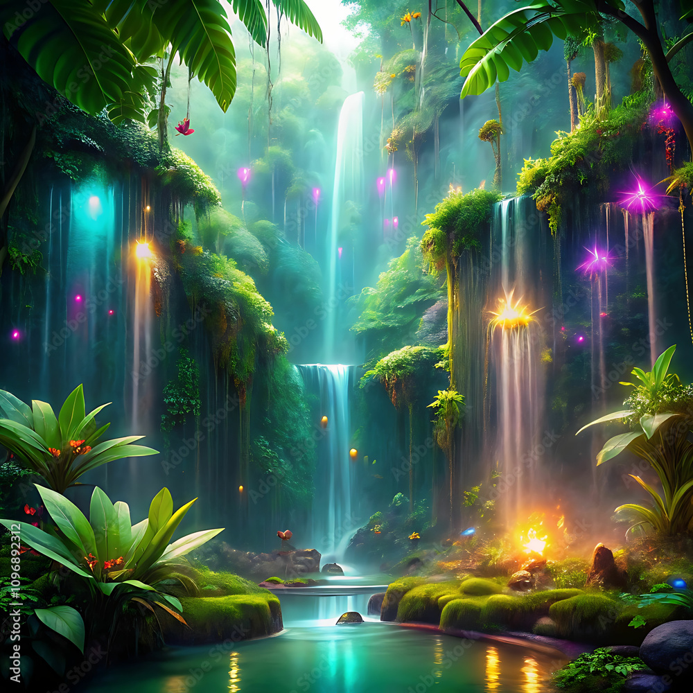 Fototapeta premium 3D Digital Rainforest with Luminous Plants, Glowing Vines, and Waterfalls