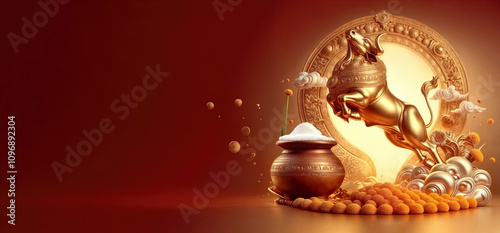 3D Render of a Luxurious Mattu Pongal, jallikattu Celebration with AI-Generated Golden Bull and Traditional Elements