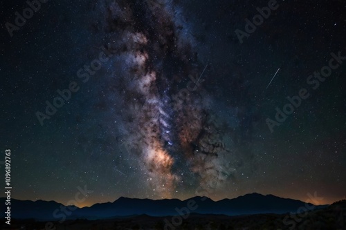 night sky filled with stars, including the Milky Way, over a dark silhouette of mountains