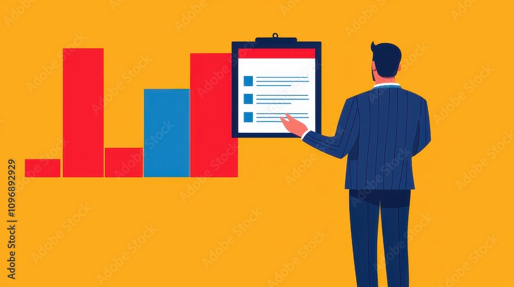 Businessman Analyzing Data Trends with Bar Graphs and Checklist on Yellow Background, Representing Analytics and Financial Growth in Modern Work Environment Businessman Analyzing Data Trends with Bar Graphs and Checklist on Yellow Background, Representing Analytics and Financial Growth in Modern Work Environment
