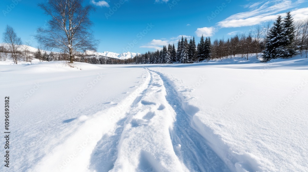 A snow-covered trail winds through an open field, bordered by evergreens and set against a brilliant blue sky, capturing the serenity of winter's embrace. A snow-covered trail winds through an open field, bordered by evergreens and set against a brilliant blue sky, capturing the serenity of winter's embrace.