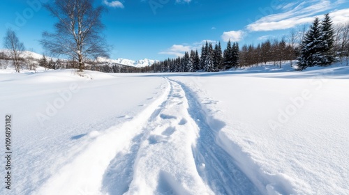 A snow-covered trail winds through an open field, bordered by evergreens and set against a brilliant blue sky, capturing the serenity of winter's embrace.