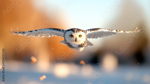 A stunning snowy owl flies directly toward the camera, showcasing its impressive wingspan in a cold landscape, embodying focus, power, and grace. photo