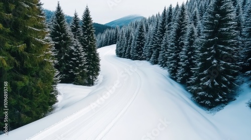 A captivating snowy avenue bordered by tall pine trees cloaked in snow, offering an inviting path through the winter landscape for wanderers seeking solitude. photo