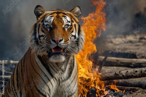 gorgerous tiger portrait, burning fire in background photo