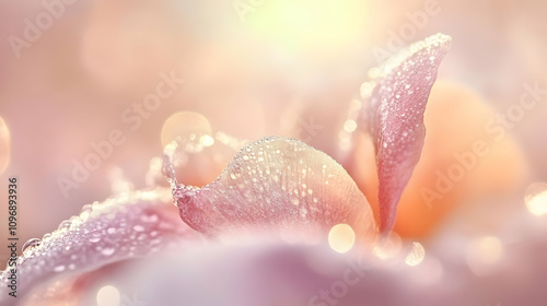 A close-up of a delicate flower petal adorned with dewdrops, evoking beauty and tranquility.