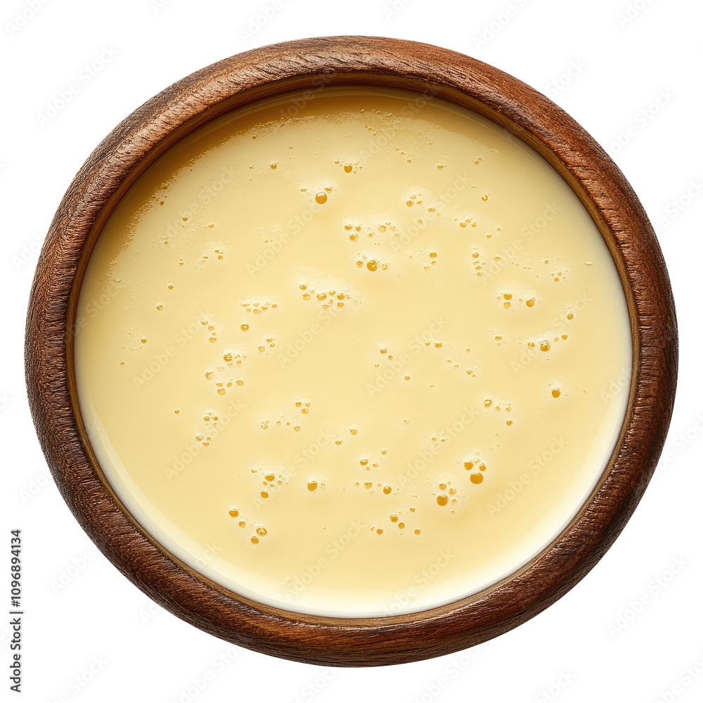 Wooden bowl of homemade vanilla custard isolated on transparent white background, clipping path Wooden bowl of homemade vanilla custard isolated on transparent white background, clipping path