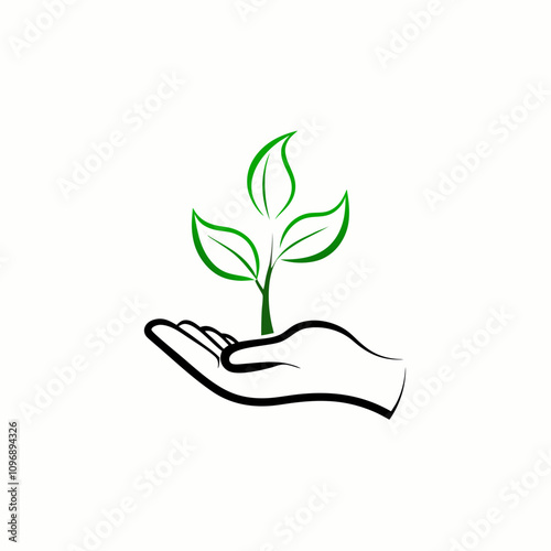 Line art hand holding a small green plant symbolizing care for nature and environmental stewardship on a white background
